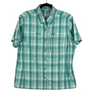 L.L.Bean Utility Athleisure Vented Plaid Short Sleeve Camp Shirt Large Pale Teal